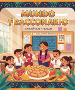 Un alegre profesor y seis alumnos de pie alrededor de una mesa con fruta y pan en una colorida aula. En la pizarra se lee "Mundo Fracconario, Matemáticas 4° Grado" con varios carteles de matemáticas de fondo.