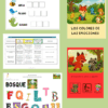 Un collage con materiales educativos en español: tres hojas de ejercicios con animales, palabras y letras de colores, además de dos portadas de cuentos ilustrados con un zorro, un mapache y animales del bosque, cuyo tema gira en torno a las emociones y el aprendizaje.