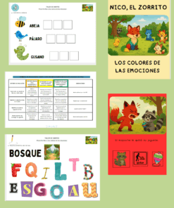 Un collage con materiales educativos en español: tres hojas de ejercicios con animales, palabras y letras de colores, además de dos portadas de cuentos ilustrados con un zorro, un mapache y animales del bosque, cuyo tema gira en torno a las emociones y el aprendizaje.