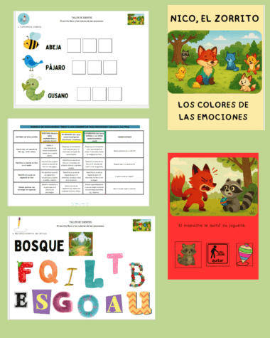 Un collage con materiales educativos en español: tres hojas de ejercicios con animales, palabras y letras de colores, además de dos portadas de cuentos ilustrados con un zorro, un mapache y animales del bosque, cuyo tema gira en torno a las emociones y el aprendizaje.