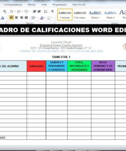 Una captura de pantalla de un documento de Cuadro de Calificaciones 100% editable en Word que muestra una plantilla de hoja de calificaciones de un estudiante en español. Los encabezados incluyen 