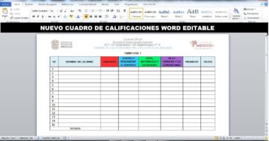 Una captura de pantalla de un documento de Cuadro de Calificaciones 100% editable en Word que muestra una plantilla de hoja de calificaciones de un estudiante en español. Los encabezados incluyen "NUEVO CUADRO DE CALIFICACIONES WORD 100% EDITABLE" con campos para materias (Español, Matemáticas, Historia, etc.), nombres de los estudiantes, calificaciones, comentarios y ausencias.