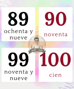 Cuatro cuadrados muestran números españoles: 89 (ochenta y nueve), 90 (noventa), 99 (noventa y nueve), 100 (cien). Cada número es grande, con su nombre en español debajo. En el centro hay un logotipo circular.