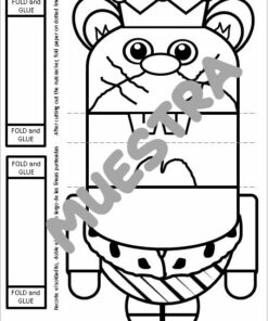 Una plantilla de manualidades en papel imprimible en blanco y negro para crear un personaje de oso con una corona. La plantilla incluye pestañas plegables y adhesivas etiquetadas, y la palabra 