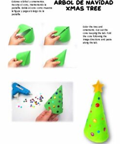 Se muestran los pasos para hacer un árbol de Navidad de papel. 1. Mano sosteniendo un cono de papel verde. 2. Doblar el cono. 3. Pegar los bordes. 4. Pegar lentejuelas de colores y una estrella en la parte superior, que recuerdan a la decoración navideña de marionetas de 
