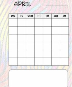 Un Journal / Cuaderno de Notas Arte Abstracto de abril con los días de la semana etiquetados de lunes a domingo en la parte superior. Se proporciona un cuadro vacío para cada día, perfecto para las entradas de su diario. El fondo tiene un patrón colorido y ondulado que recuerda al arte abstracto. Hay un cuadro grande vacío en la parte inferior para notas o información adicional.