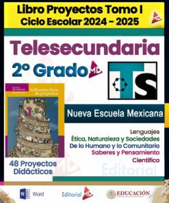 Portada de un libro de texto de secundaria mexicano para 2º grado titulado "Planeaciones de Telesecundaria Segundo Grado Libros Nuevos NEM (1er Trimestre 2024 – 2025)", que presenta una imagen de un libro con 48 proyectos didácticos. Es perfecto para el primer trimestre del ciclo escolar 2024-2025, ya que resalta áreas como la ética, la ciencia y la comunidad.