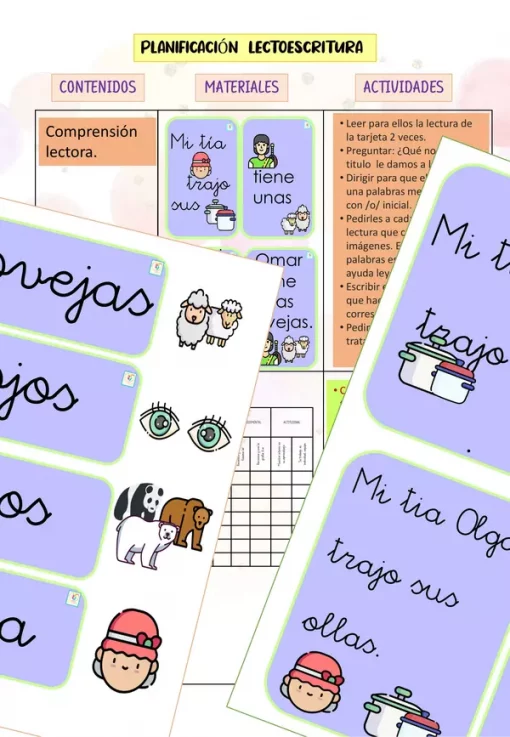 Oración con nombre de producto: Imagen que muestra un recurso educativo de "Planeación para Trabajar la Lectoescritura (Vocales)" con secciones denominadas "Contenidos", "Materiales" y "Actividades". Incluye texto colorido, lindos dibujos animados de animales y personas y gráficos de actividades de lectoescritura.