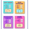EJERCICIOS Y PROBLEMAS CON OPERACIONES BÁSICAS incluye cuatro coloridas tablas en español para sumar (rosa), restar (naranja), multiplicar (morado) y dividir (azul), que muestran los números, los signos de las operaciones y las etiquetas para facilitar el aprendizaje.