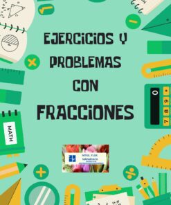 Portada con el título "Ejercicios y problemas con fracciones" en negrita, rodeado de material escolar como reglas, transportadores, calculadoras y cuadernos sobre fondo verde.