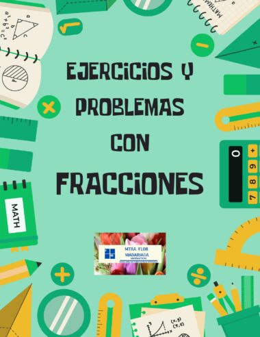 Portada con el título "Ejercicios y problemas con fracciones" en negrita, rodeado de material escolar como reglas, transportadores, calculadoras y cuadernos sobre fondo verde.