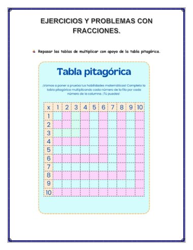 Hoja de ejercicios titulada "Ejercicios y problemas con fracciones" con instrucciones para repasar las tablas de multiplicar utilizando una tabla pitagórica. La tabla tiene filas y columnas numeradas del 1 al 10, formando una cuadrícula de multiplicación.