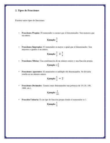 Un documento español titulado "2. Tipos de Fracciones" enumera y define los tipos de fracciones, incluyendo las propias, impropias, mixtas, aparentes, decimales y unitarias, cada una con ejemplos numéricos.
