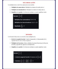 Una página educativa en español explica cómo multiplicar y dividir fracciones, con instrucciones paso a paso, ejemplos para cada operación y títulos de secciones resaltados para la multiplicación y la división.