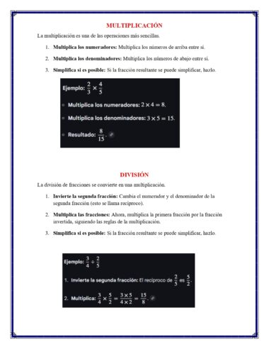 Una página educativa en español explica cómo multiplicar y dividir fracciones, con instrucciones paso a paso, ejemplos para cada operación y títulos de secciones resaltados para la multiplicación y la división.