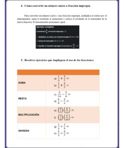Instrucciones para convertir números mixtos en fracciones impropias, con un ejemplo de conversión de 3 1/4 en 13/4, y una tabla de operaciones con fracciones (suma, resta, multiplicación, división) con problemas de ejemplo.