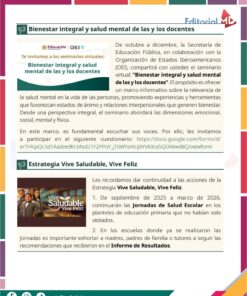Una página del boletín digital en español presenta dos secciones sobre programas educativos de salud para profesores, con banners de colores, descripciones de eventos y enlaces web. Los iconos de las redes sociales se encuentran en la parte inferior de la página.