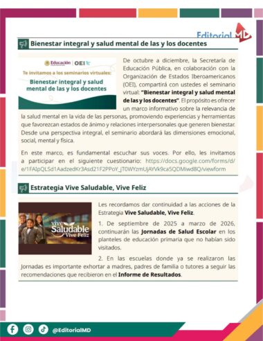 Una página del boletín digital en español presenta dos secciones sobre programas educativos de salud para profesores, con banners de colores, descripciones de eventos y enlaces web. Los iconos de las redes sociales se encuentran en la parte inferior de la página.