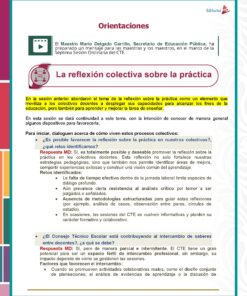 Una página de un boletín educativo en español que presenta la sección “La reflexión colectiva sobre la práctica” con un texto que analiza la reflexión colectiva entre docentes y bordes coloridos que resaltan los títulos y las secciones clave.