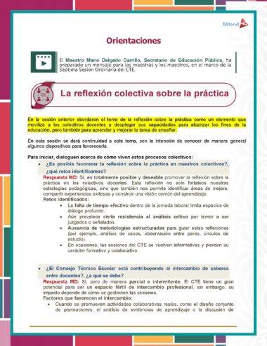Una página de un boletín educativo en español que presenta la sección “La reflexión colectiva sobre la práctica” con un texto que analiza la reflexión colectiva entre docentes y bordes coloridos que resaltan los títulos y las secciones clave.