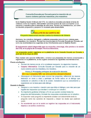 Un folleto informativo a todo color en español describe las actividades para docentes en una sesión de CTE, incluyendo un enfoque en la violencia de género y un proyecto de consulta escolar para desarrollar un nuevo sistema docente. Se pueden ver varias secciones e iconos destacados.
