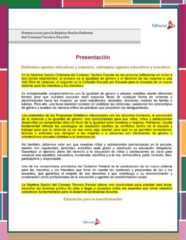 Un documento en español con diseño granate y amarillo, titulado "Presentación". El texto se dirige a docentes y agentes educativos, y aborda la igualdad y los derechos de género en el sistema escolar.