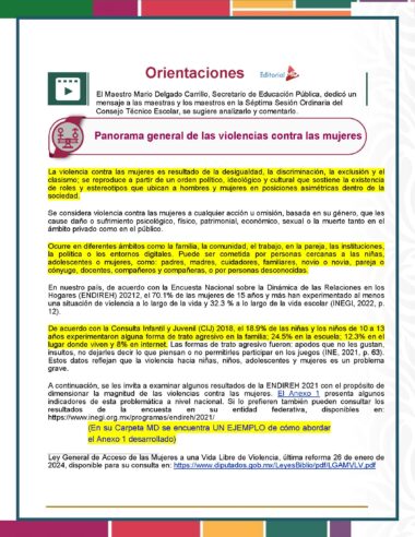 El documento en español "Orientaciones" aborda aspectos generales de la violencia contra la mujer, sus raíces en la desigualdad y los estereotipos, y ofrece orientación al personal educativo. El diseño incluye secciones resaltadas y coloreadas.