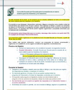Un documento en español describe una reunión escolar para crear un nuevo sistema para docentes, presentando secciones resaltadas, viñetas, instrucciones para participar y elementos de diseño coloridos.