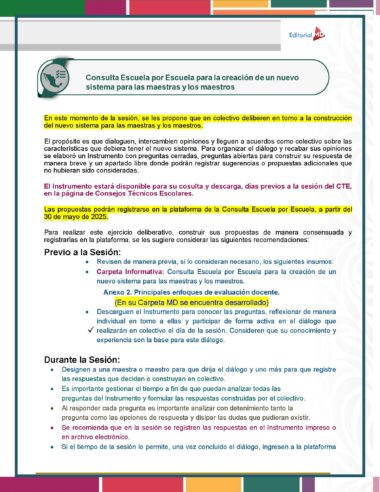 Un documento en español describe una reunión escolar para crear un nuevo sistema para docentes, presentando secciones resaltadas, viñetas, instrucciones para participar y elementos de diseño coloridos.