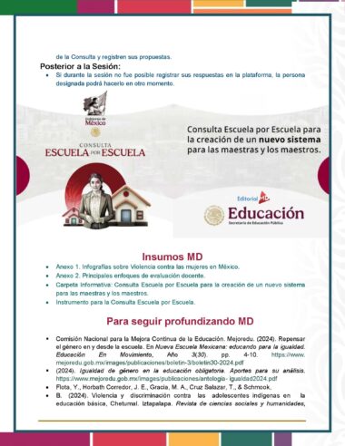 Un folleto educativo en español que promueve la "Consulta Escuela por Escuela", con folletos, logotipos del ministerio y la educación, listas de recursos y lectura adicional sobre la equidad escolar y la prevención de la violencia en México.