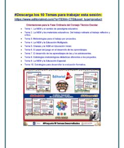 Un folleto colorido con 10 temas para una sesión educativa, con un enlace en la parte superior e imágenes de portadas de libros en la parte inferior. Los temas se centran en métodos educativos, NEM y estrategias de aprendizaje.