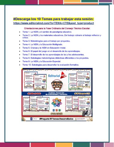 Un folleto colorido con 10 temas para una sesión educativa, con un enlace en la parte superior e imágenes de portadas de libros en la parte inferior. Los temas se centran en métodos educativos, NEM y estrategias de aprendizaje.