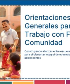 Tema 10 Contestado: Trabajo con las familias CTE NEM 2025 - 2026 (Todos los Niveles) 36 Una familia sonriente y animada en el exterior de un edificio escolar con niños y adultos alrededor. El texto dice: