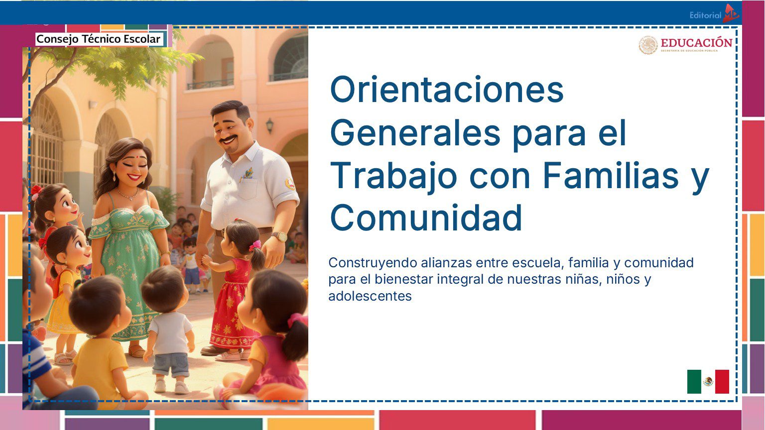 Tema 10 Contestado: Trabajo con las familias CTE NEM 2025 - 2026 (Todos los Niveles) 12 Una familia sonriente y animada en el exterior de un edificio escolar con niños y adultos alrededor. El texto dice: "Orientaciones Generales para el Trabajo con Familias y Comunidad". Aparecen los logotipos de México y de una editorial.