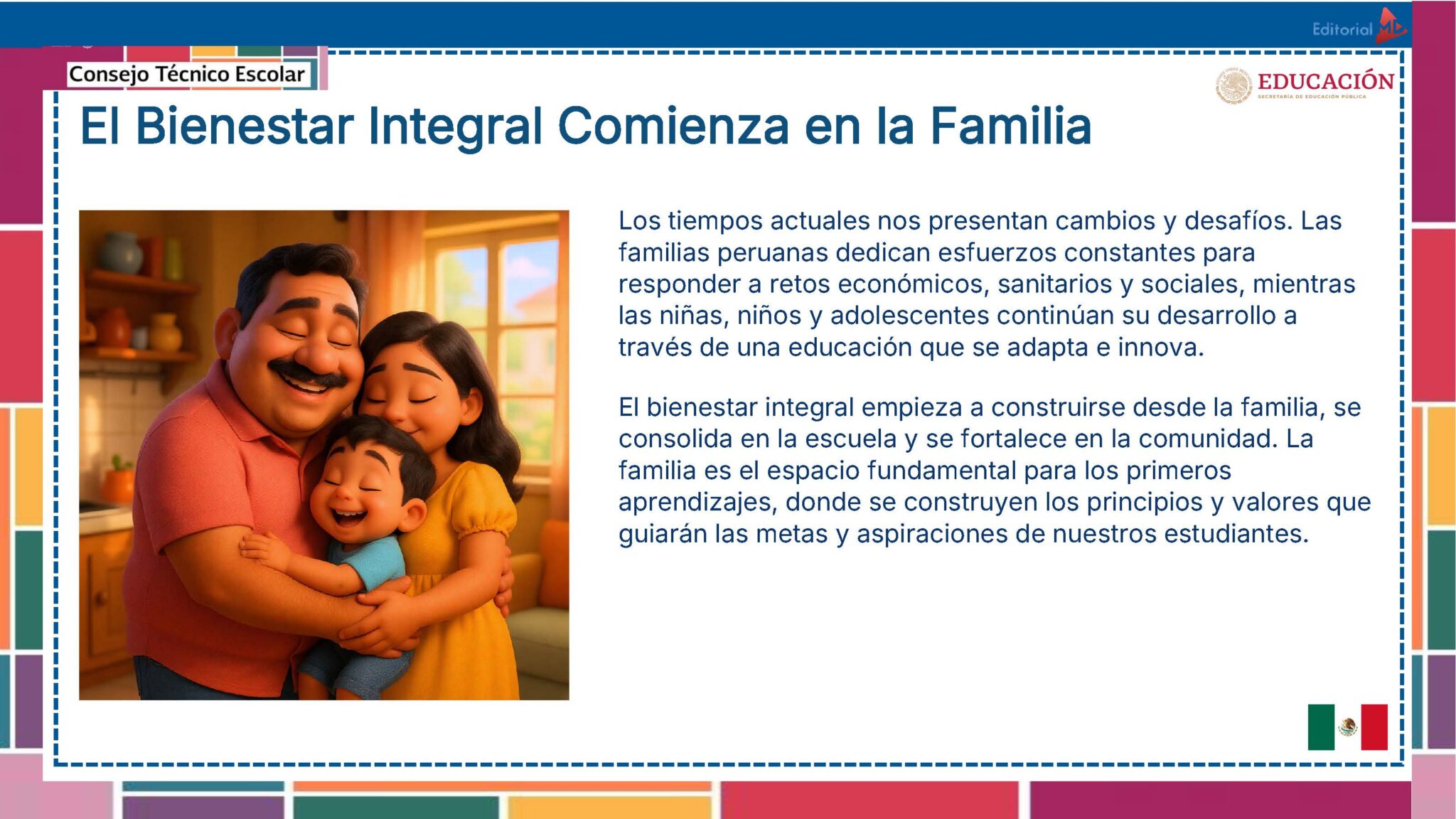 Tema 10 Contestado: Trabajo con las familias CTE NEM 2025 - 2026 (Todos los Niveles) 25 Una alegre familia de tres miembros, padres y un niño, se abrazan y sonríen en una habitación cálidamente iluminada. El texto aborda la importancia de la familia en la educación y el bienestar, destacando el papel de las familias peruanas en el apoyo al desarrollo de los niños.
