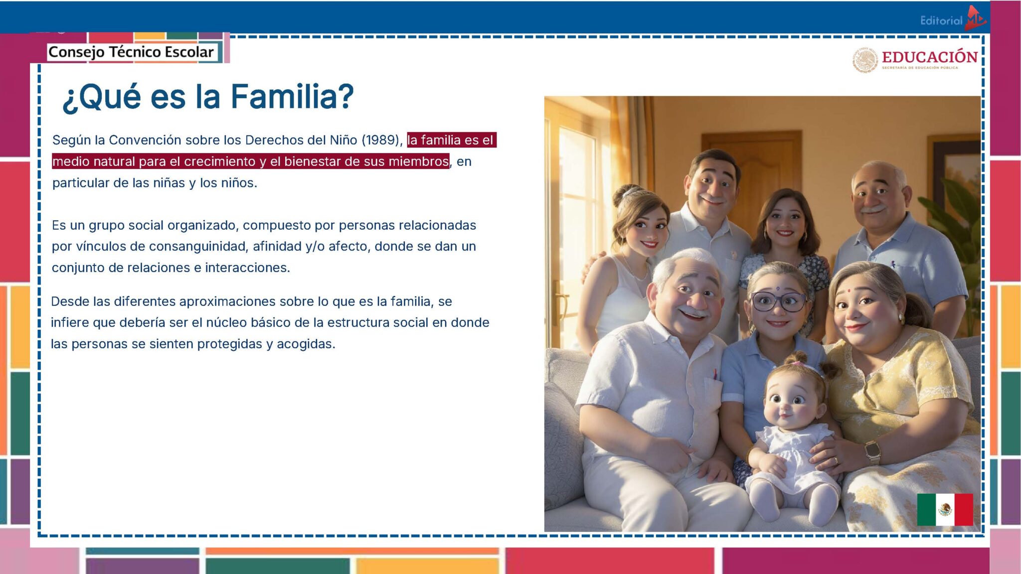 Tema 10 Contestado: Trabajo con las familias CTE NEM 2025 - 2026 (Todos los Niveles) 23 Junto a un texto en español sobre el significado de la familia, aparece una ilustración digital de una familia multigeneracional sonriendo en un sofá, con abuelos, padres, dos niños y un bebé.