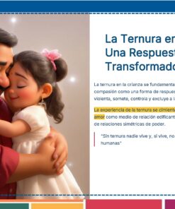 Tema 10 Contestado: Trabajo con las familias CTE NEM 2025 - 2026 (Todos los Niveles) 45 Ilustración de un hombre sonriente abrazando a una niña, ambos con los ojos cerrados. El texto habla de la importancia de la ternura en la crianza de los hijos, citas destacadas e incluye logotipos mexicanos y oficiales.