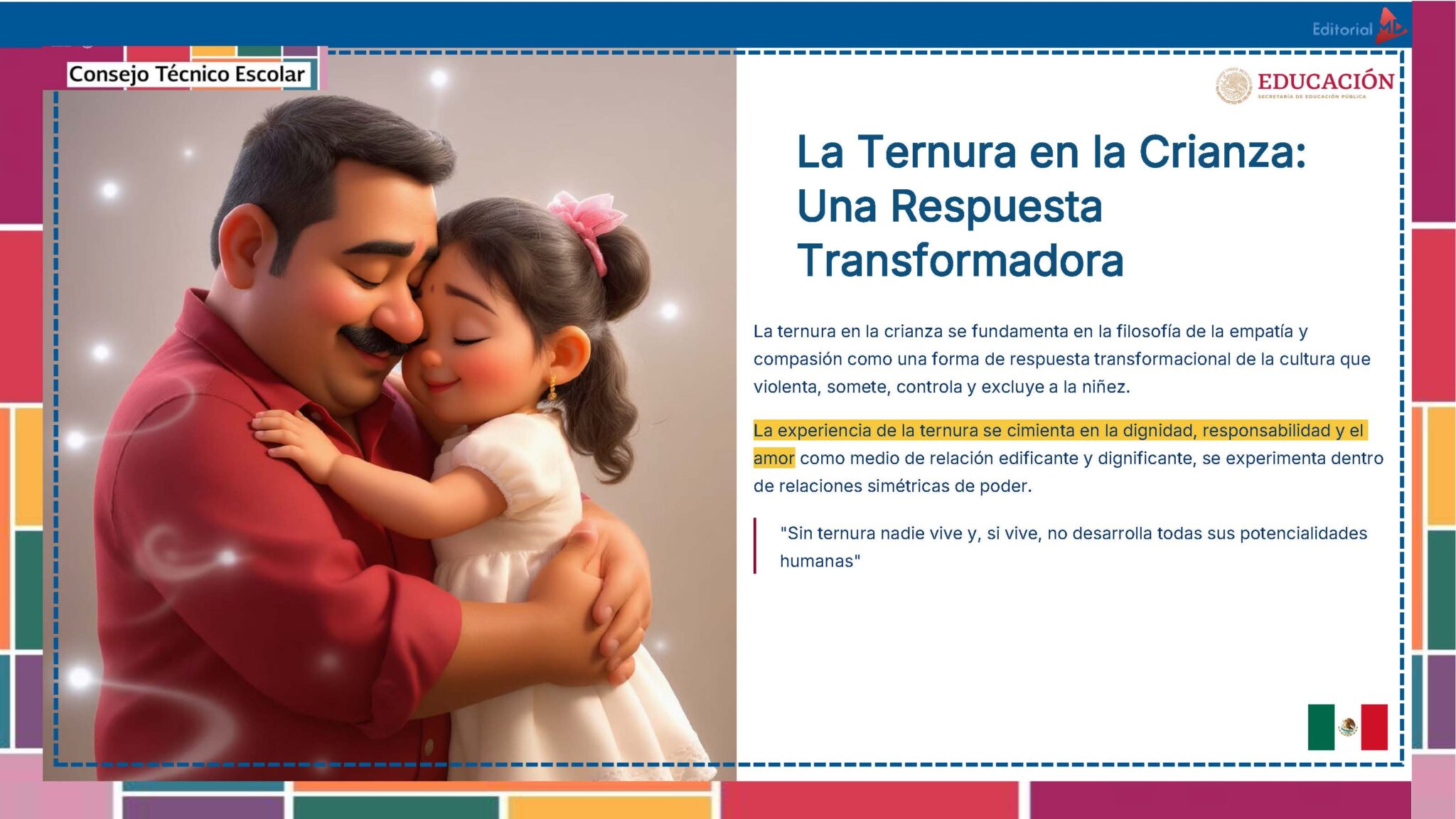 Tema 10 Contestado: Trabajo con las familias CTE NEM 2025 - 2026 (Todos los Niveles) 21 Ilustración de un hombre sonriente abrazando a una niña, ambos con los ojos cerrados. El texto habla de la importancia de la ternura en la crianza de los hijos, citas destacadas e incluye logotipos mexicanos y oficiales.