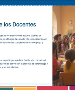 Tema 10 Contestado: Trabajo con las familias CTE NEM 2025 - 2026 (Todos los Niveles) 44 Un grupo de profesores y alumnos se sientan alrededor de una mesa en un aula llena de color, inmersos en un debate. El texto habla del papel vital de los profesores, con una cita sobre los objetivos compartidos en la educación de Epstein, 2013.