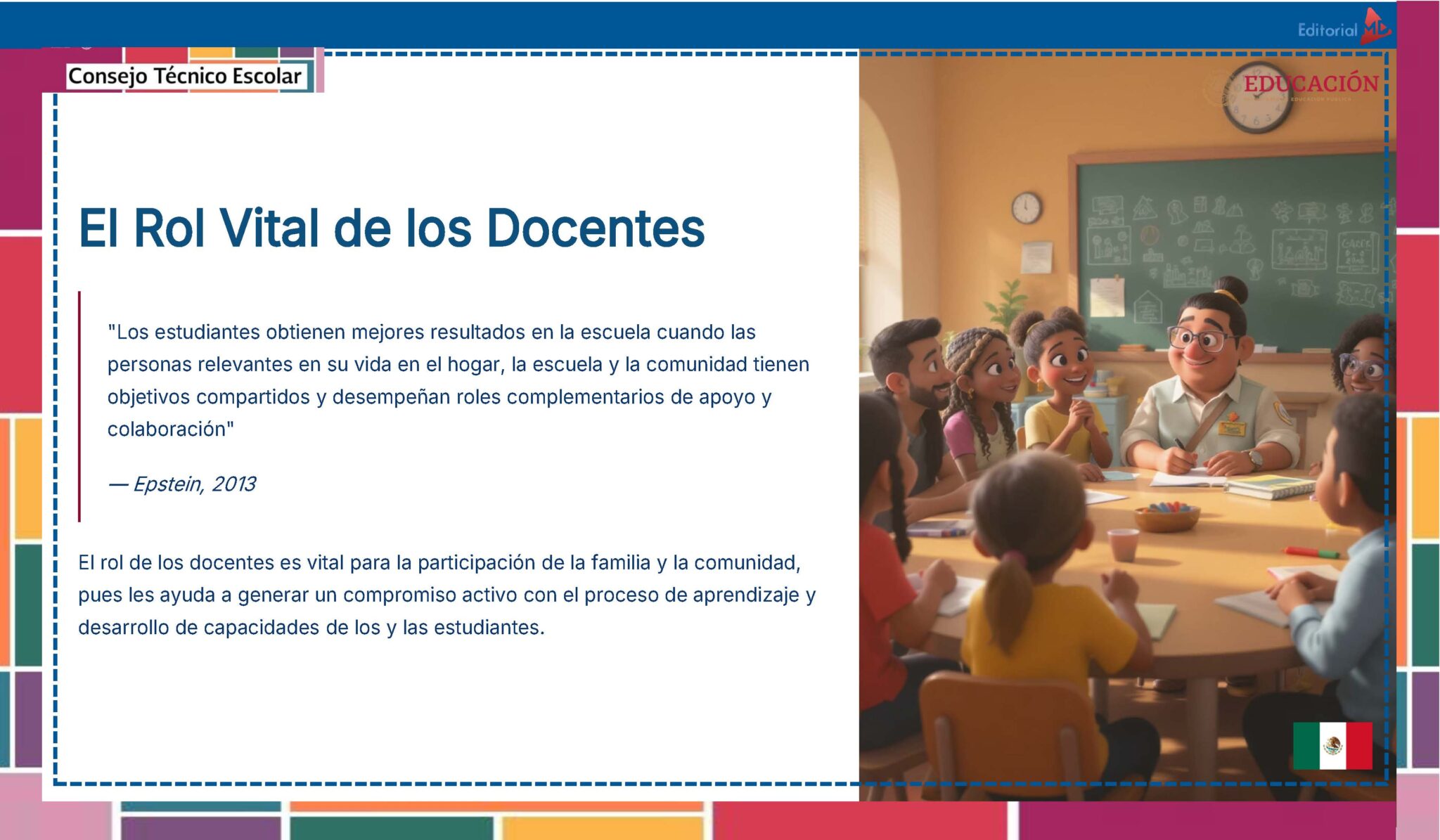 Tema 10 Contestado: Trabajo con las familias CTE NEM 2025 - 2026 (Todos los Niveles) 20 Un grupo de profesores y alumnos se sientan alrededor de una mesa en un aula llena de color, inmersos en un debate. El texto habla del papel vital de los profesores, con una cita sobre los objetivos compartidos en la educación de Epstein, 2013.