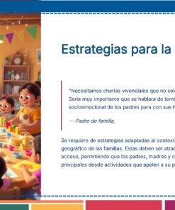 Tema 10 Contestado: Trabajo con las familias CTE NEM 2025 - 2026 (Todos los Niveles) 40 Un grupo de niños y adultos sentados alrededor de una colorida mesa haciendo manualidades en una sala festiva. A la derecha, un texto habla de estrategias para la participación de los padres en la educación, con una cita de un padre y una bandera mexicana.