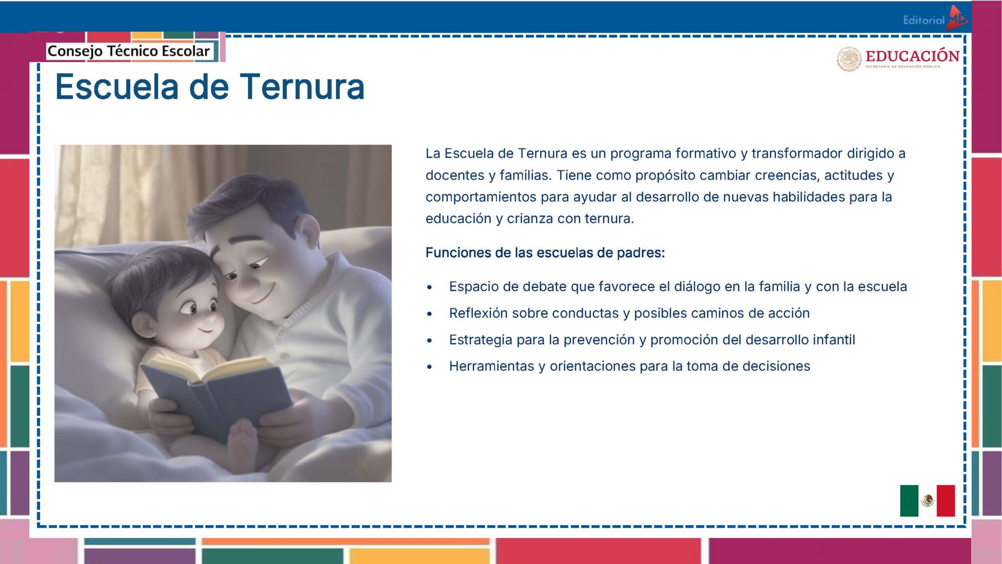Tema 10 Contestado: Trabajo con las familias CTE NEM 2025 - 2026 (Todos los Niveles) 15 Un adulto sonriente lee un libro a un niño feliz en la cama. El texto describe "Escuela de Ternura", un programa para familias y profesores destinado a fomentar la educación y la crianza positivas de los niños, con una lista de las funciones del programa.