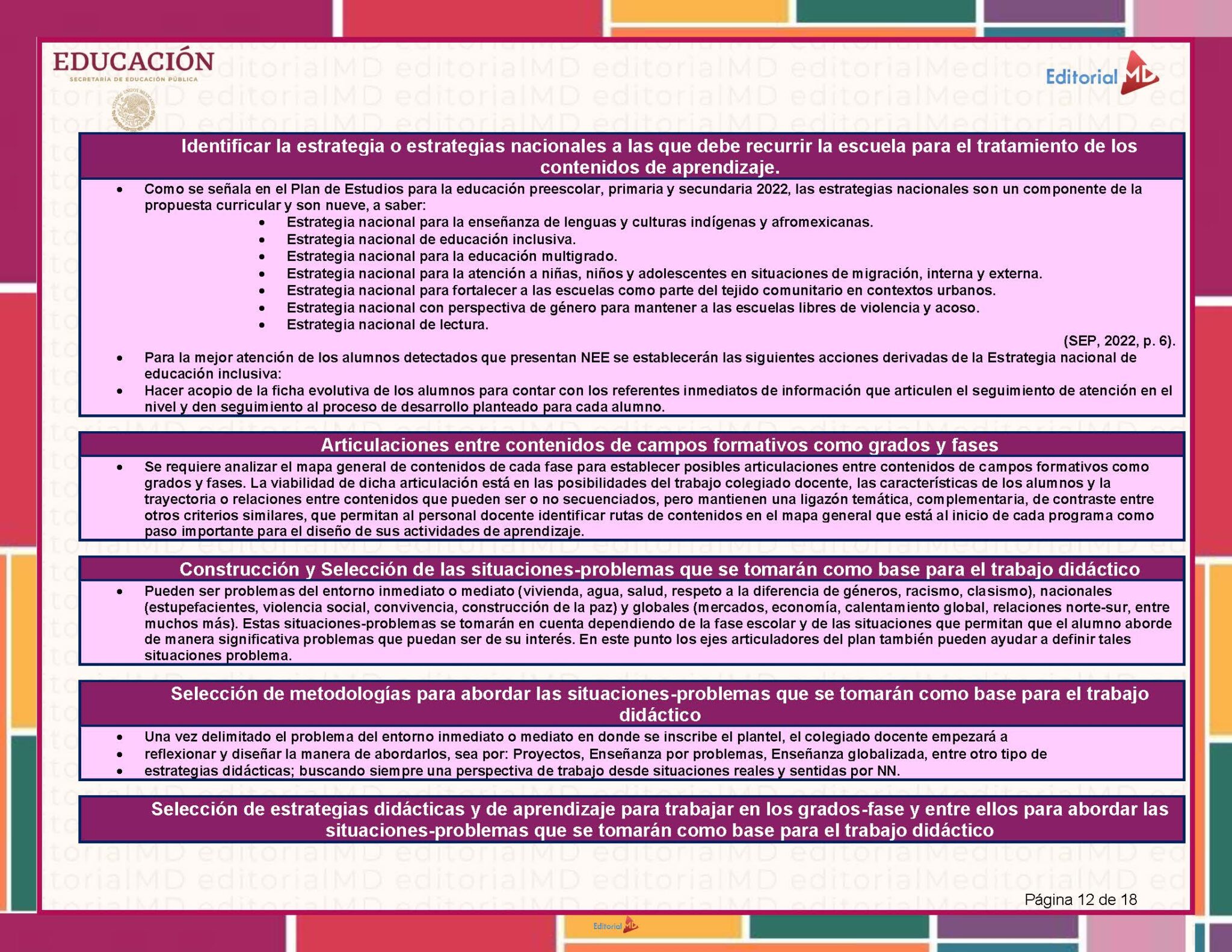 Tema 2 Contestado: Programa Analítico CTE NEM 2025 - 2026 (Todos los Niveles) 4 Un documento educativo en español destaca las estrategias para manejar los contenidos educativos, incluida la identificación de estrategias nacionales, la articulación de contenidos entre los distintos grados y la selección de contenidos disciplinares para el aprendizaje basado en problemas.