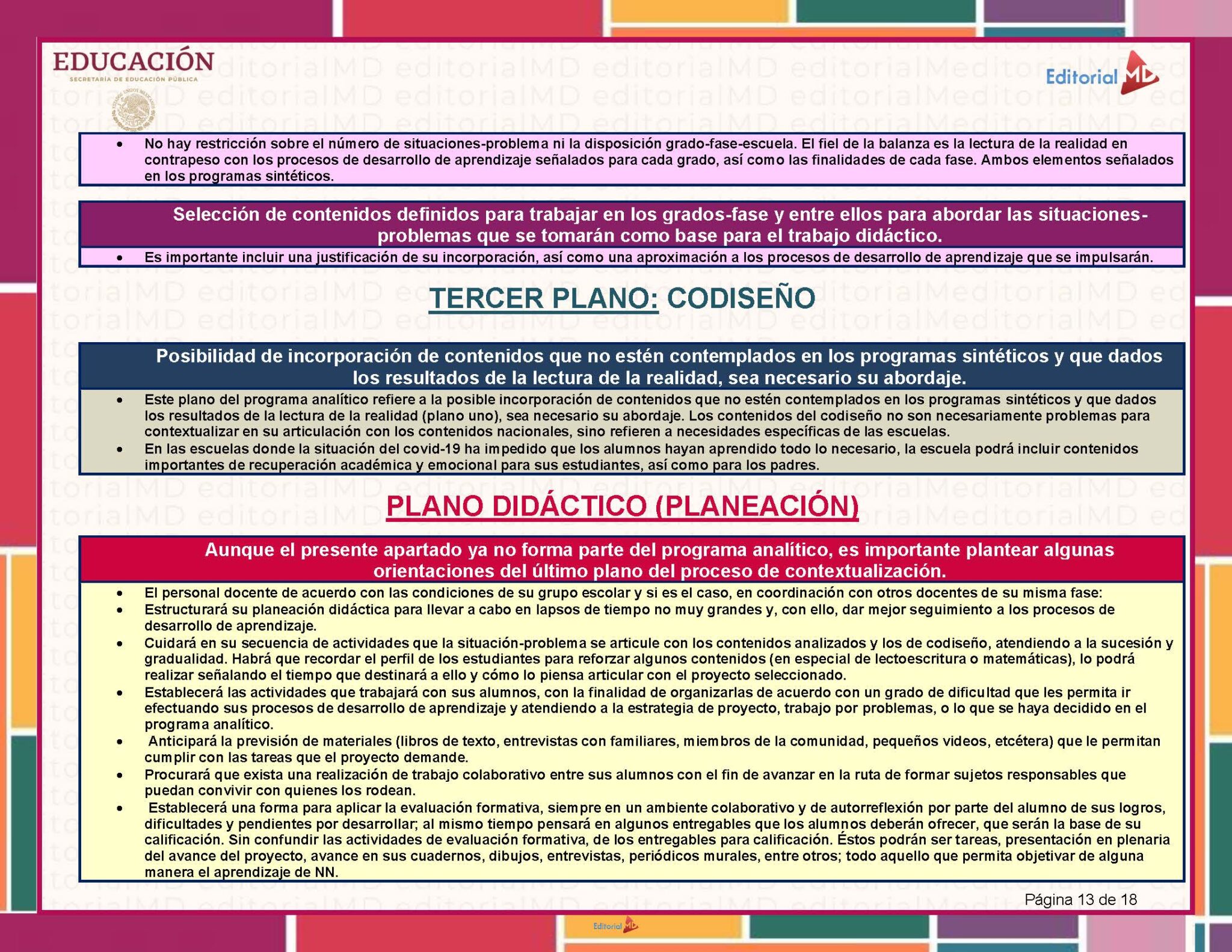 Tema 2 Contestado: Programa Analítico CTE NEM 2025 - 2026 (Todos los Niveles) 3 Un cuadro didáctico en español explica las directrices para la planificación de las clases, incluidas recomendaciones para incorporar actividades basadas en problemas y la fase de codificación. El texto está organizado en recuadros de colores con viñetas y títulos en negrita.