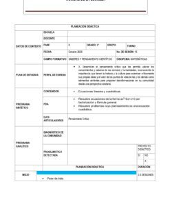 Modelo de plan de clase en español para una clase de matemáticas de 3º de primaria, centrada en el pensamiento crítico y la resolución de ecuaciones. Incluye secciones para el contexto, los objetivos, las estrategias y una tabla para planificar las sesiones.