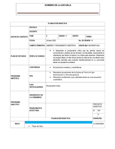 Modelo de plan de clase en español para una clase de matemáticas de 3º de primaria, centrada en el pensamiento crítico y la resolución de ecuaciones. Incluye secciones para el contexto, los objetivos, las estrategias y una tabla para planificar las sesiones.