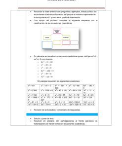 Una hoja de ejercicios de matemáticas en español sobre ecuaciones cuadráticas incluye viñetas, un diagrama con 