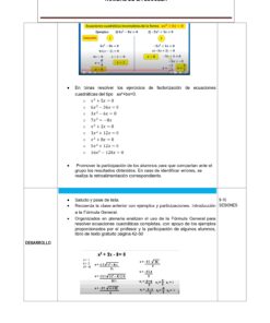 Hoja de trabajo en español sobre la factorización de ecuaciones cuadráticas muestra ecuaciones de ejemplo en una pizarra amarilla, una lista de ecuaciones para resolver y un plan de enseñanza con pasos y estimaciones de sesiones en un formato estructurado.
