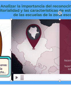 Una niña de dibujos animados con un ícono de video en su camiseta está al lado izquierdo de una imagen con texto en español sobre territorialidad en las escuelas. A la derecha, una pantalla de presentación muestra un mapa, una foto de un hombre y detalles sobre un supervisor de Durango para el Taller Intensivo para Directores de Educación Básica 2024. Debajo hay una barra de reproducción.