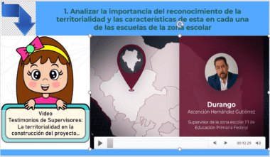 Una niña de dibujos animados con un ícono de video en su camiseta está al lado izquierdo de una imagen con texto en español sobre territorialidad en las escuelas. A la derecha, una pantalla de presentación muestra un mapa, una foto de un hombre y detalles sobre un supervisor de Durango para el Taller Intensivo para Directores de Educación Básica 2024. Debajo hay una barra de reproducción.
